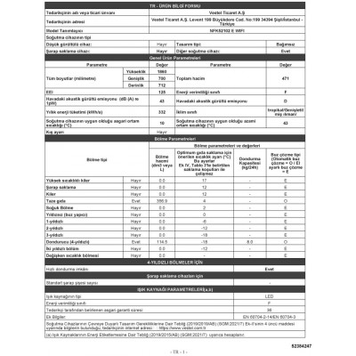 Vestel NFK52102 E WIFI 471 Lt No-Frost Buzdolabı